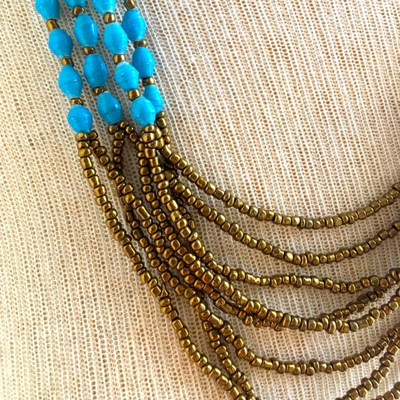 TENG YUE 80’s Newspaper Bead Turquoise & Gold Vintage Necklace - Picture 5 of 10